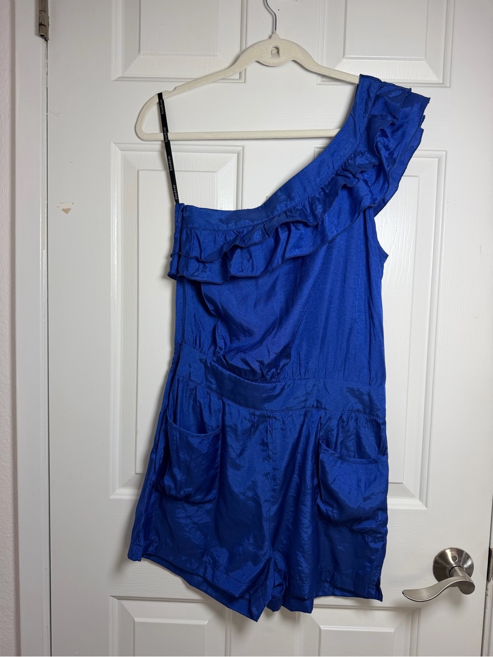 2B Bebe One-Shoulder Ruffle Royal Blue Romper
